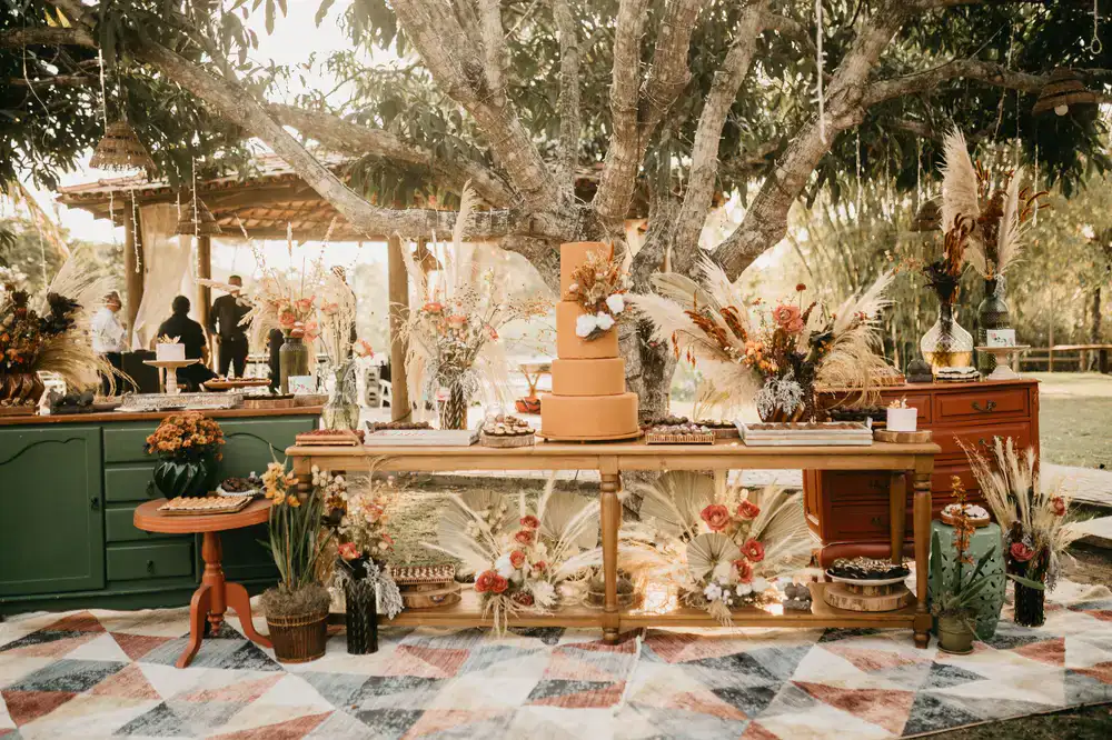 Rustic autumn wedding setup with amber tones