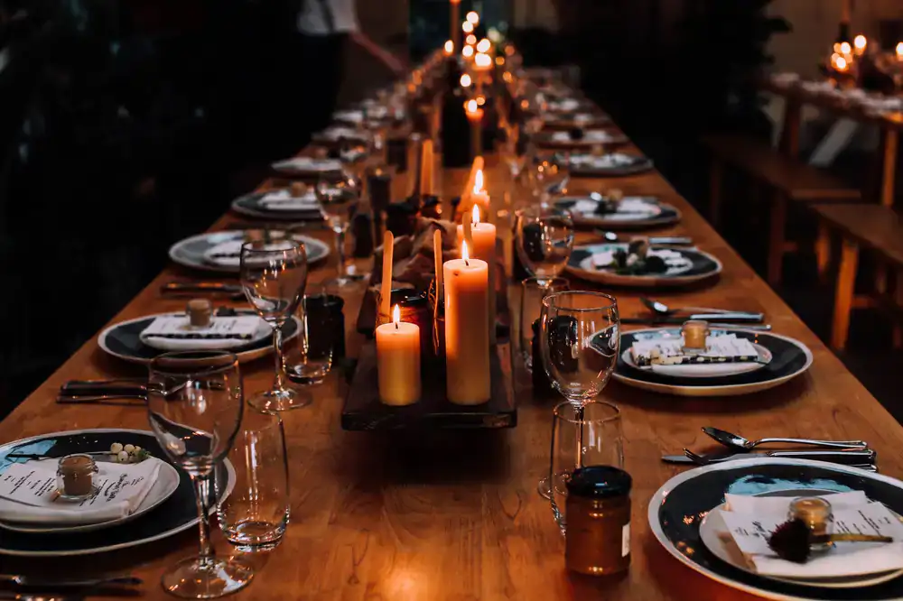 Long dining table set for an intimate dinner party